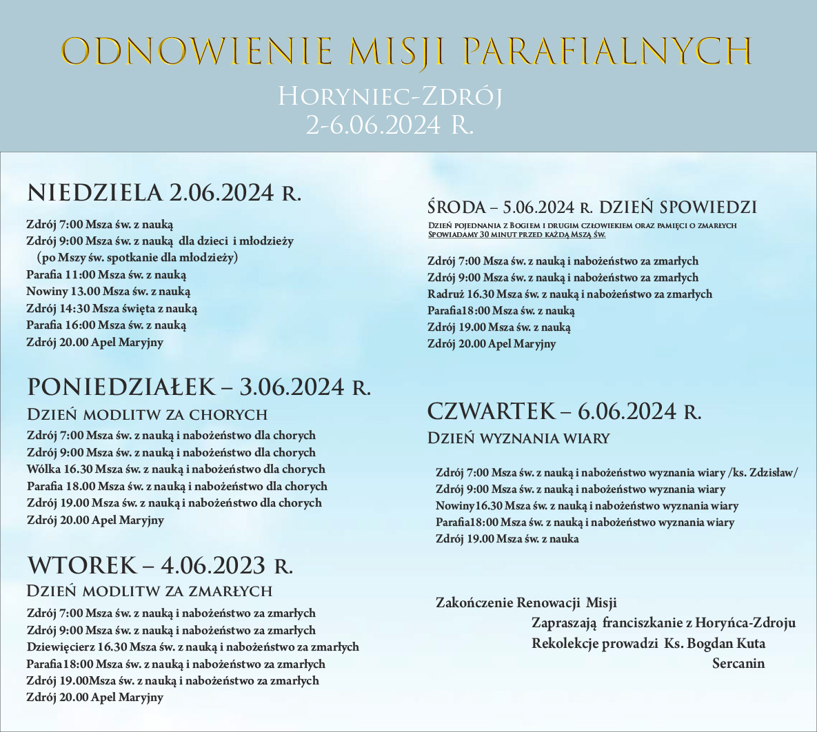 program Misji parafialnych w Horyńcu-Zdroju w 2024 roku